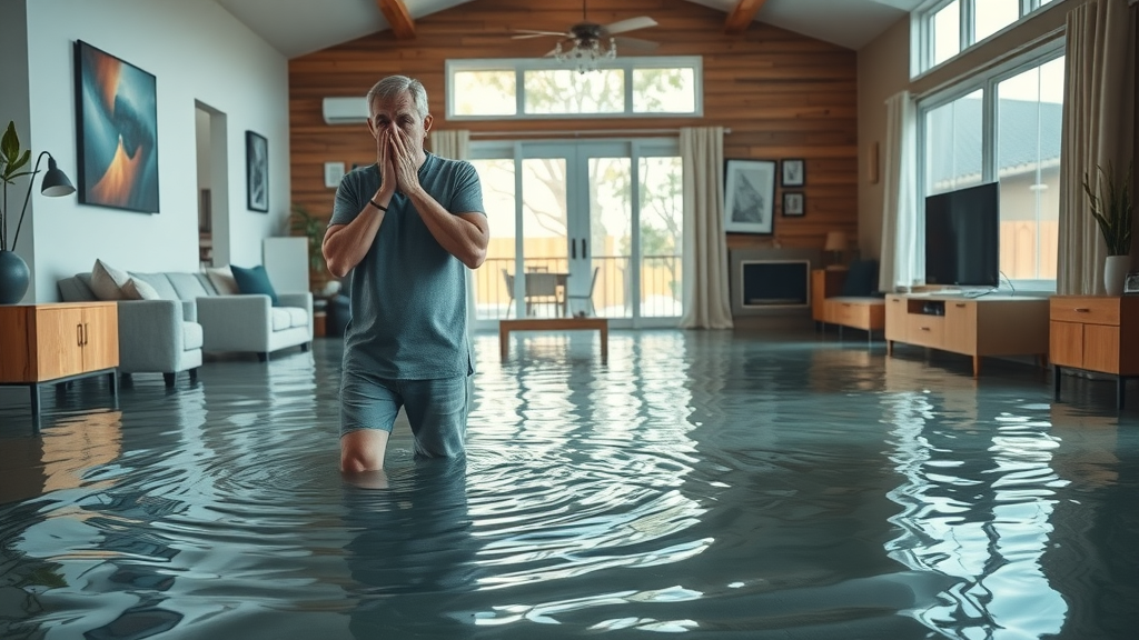 Dramatic flooded living room with water damage in Southern California home, worried San Diego homeowner, photorealistic water ripples and textures