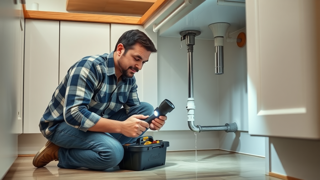 Homeowner inspecting leaking kitchen sink pipe for water damage in San Diego
