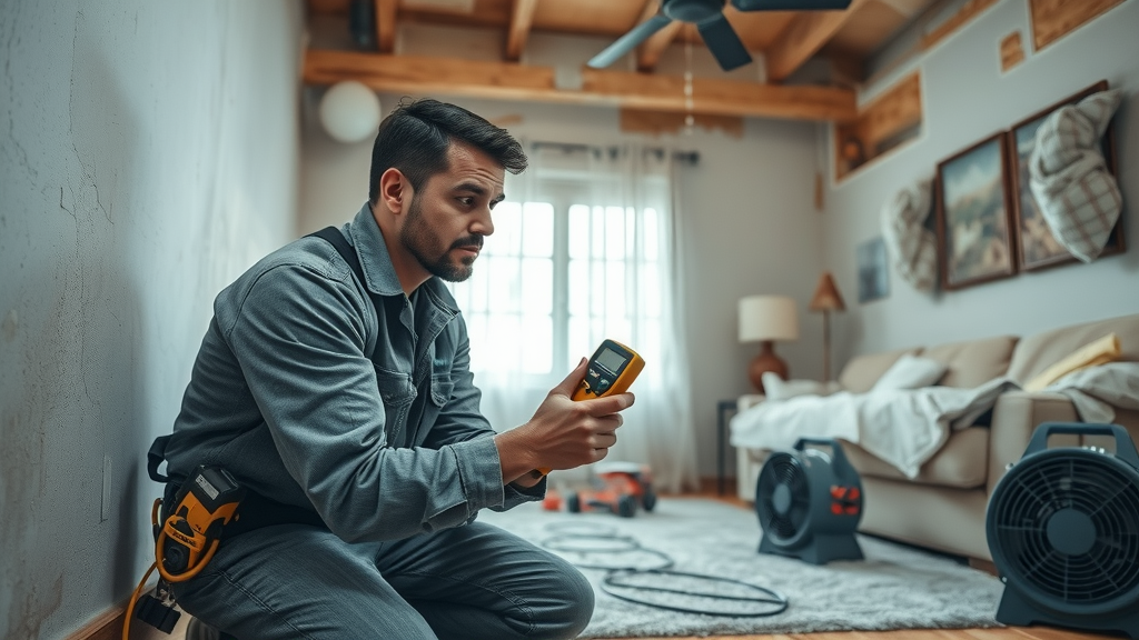 Technician using moisture meter on wall for water damage restoration in San Diego home