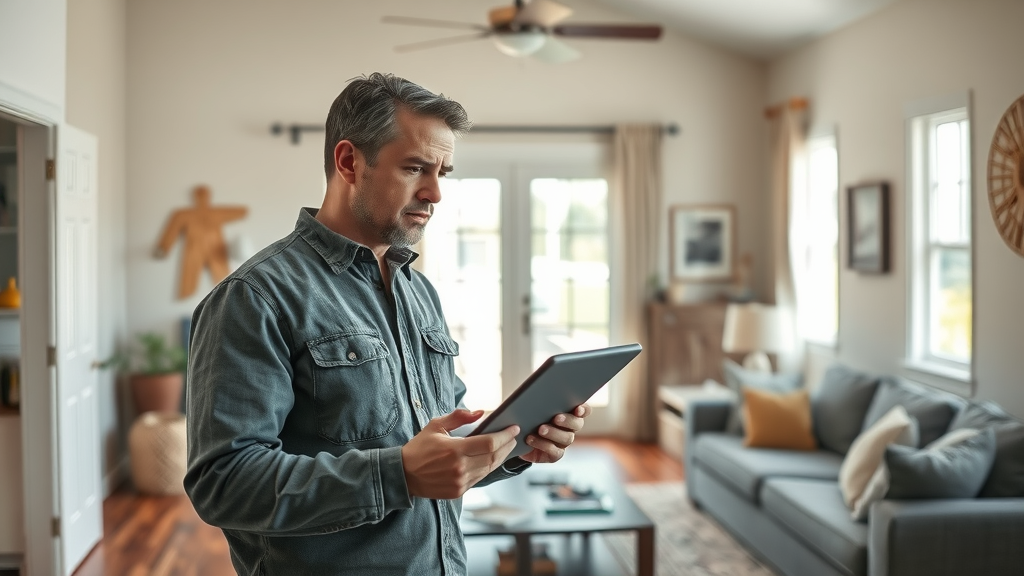 Inspector with digital tablet performing water damage assessment in San Diego living room