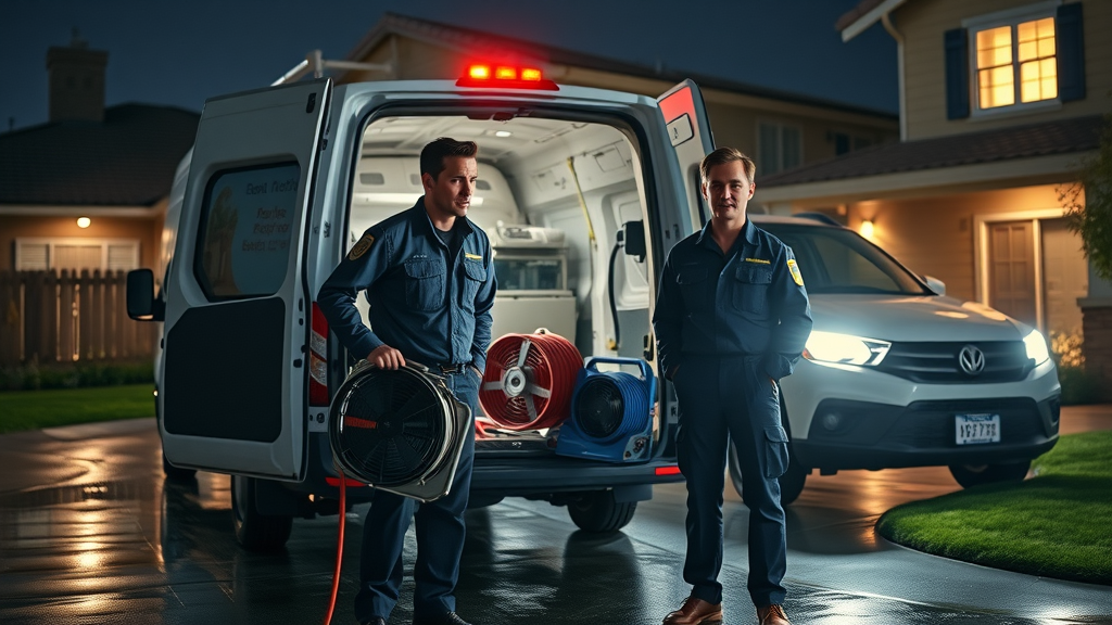 Professional restoration team delivering emergency water damage service to San Diego home at night