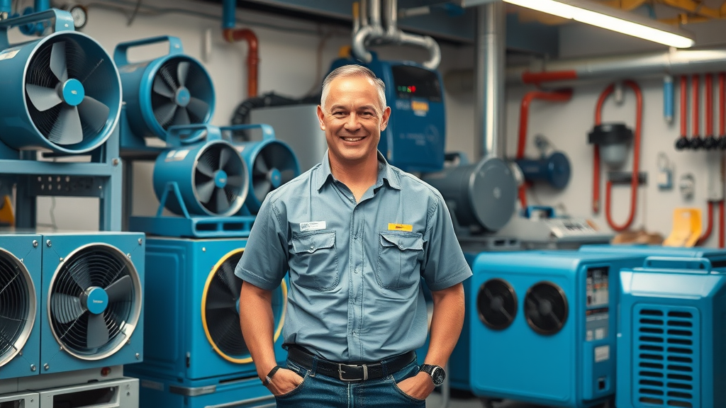 Technician displaying advanced water damage drying and restoration equipment