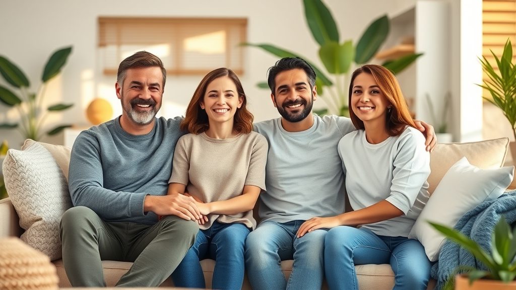 Happy family in bright, restored San Diego living room after water damage restoration