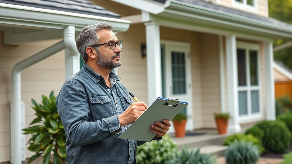 Modern suburban home exterior with rain gutters and homeowner inspecting – rain gutter cost