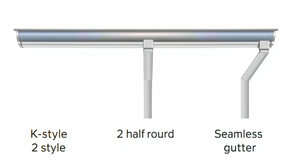 Side-by-side illustration of K-style, half-round, and seamless gutters – gutter system comparison for rain gutter cost