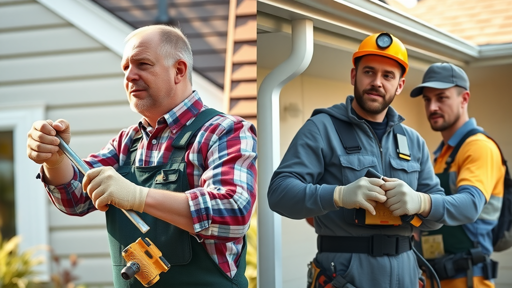 Homeowner and professional crew installing gutters side-by-side – installation method comparison for gutter installation cost