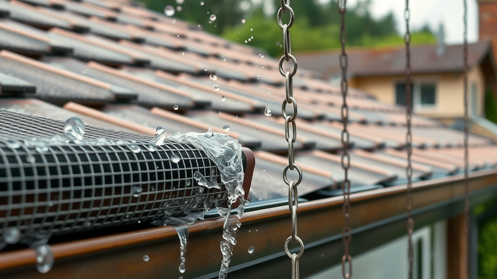 Close-up of different gutter guard styles and rain chains on residential roofline – upgrade options affecting rain gutter cost