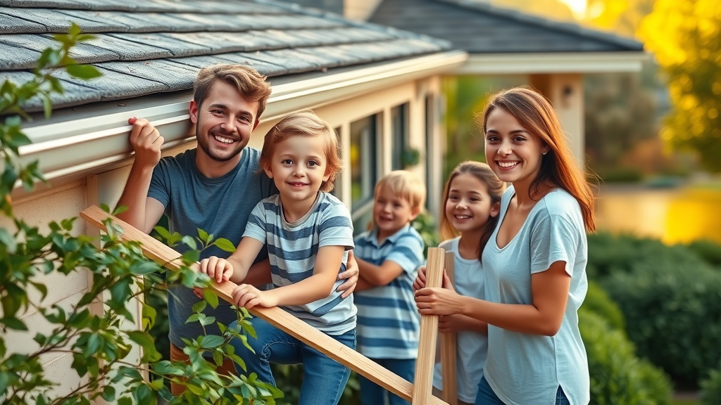 Young family maintaining rain gutters, happy interaction – maintaining gutters reduces rain gutter cost over time