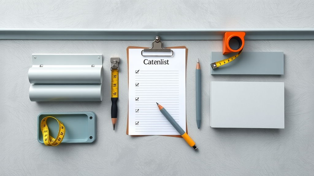 Organized flat lay of gutter material samples, measuring tape, and notepad checklist – smart buyer planning for rain gutter cost