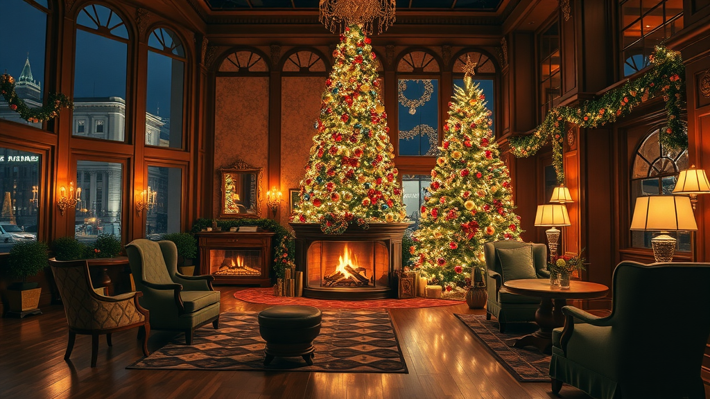 Christmas in Victoria Canada: Elegant hotel lounge with festive decorations