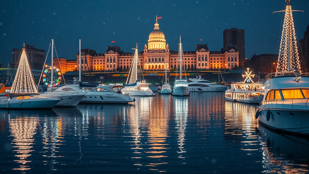 Christmas in Victoria Canada: Festive boats and Parliament lit at the harbor