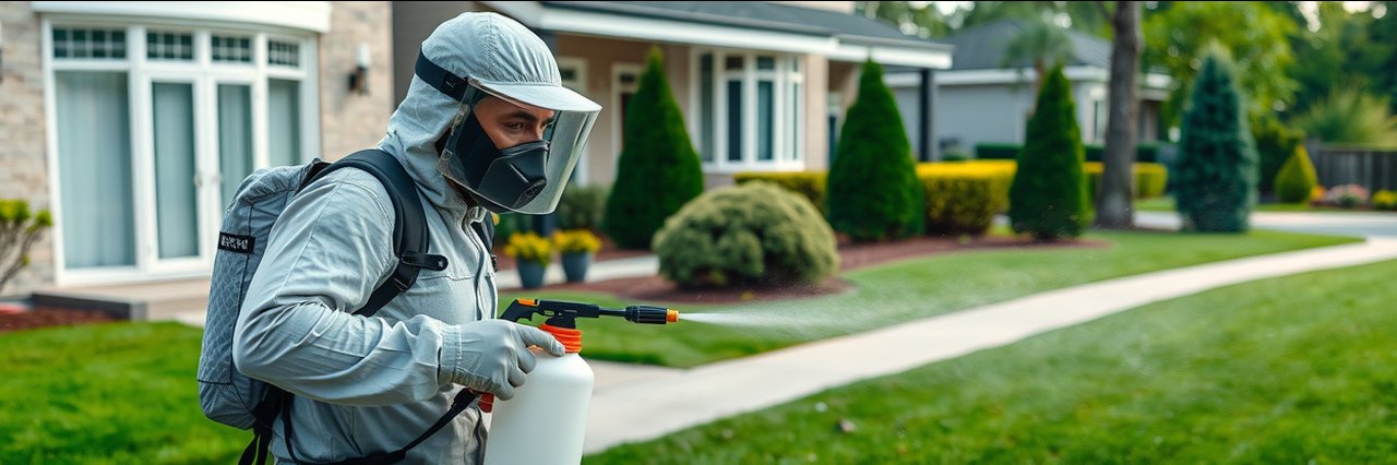 Pest control technician spraying insecticide around a modern suburban home