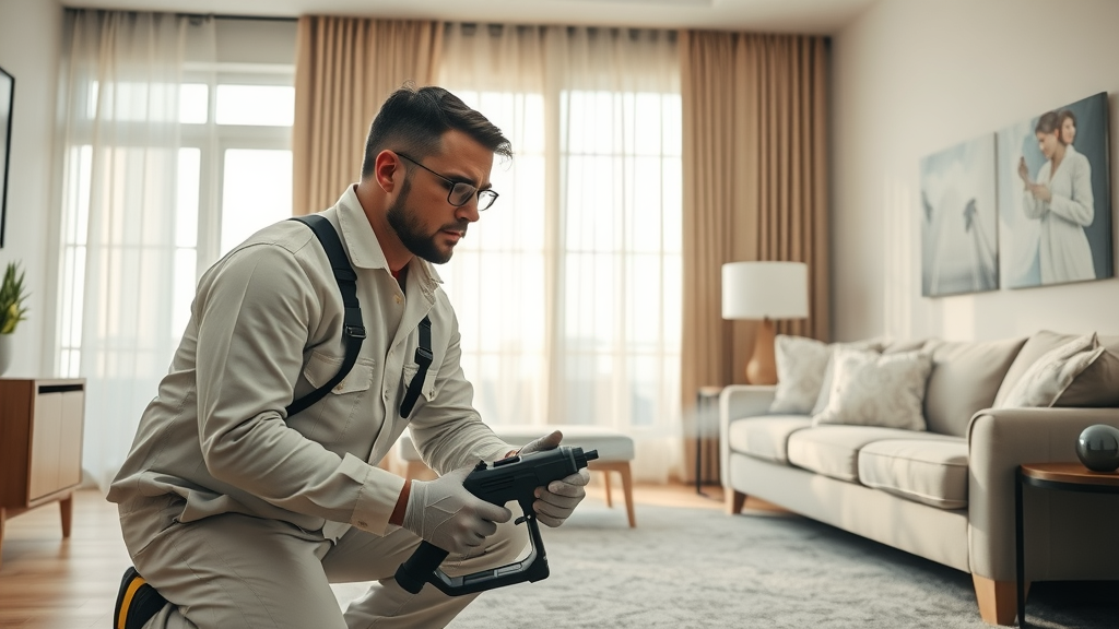 Professional pest control technician inspecting home for pests
