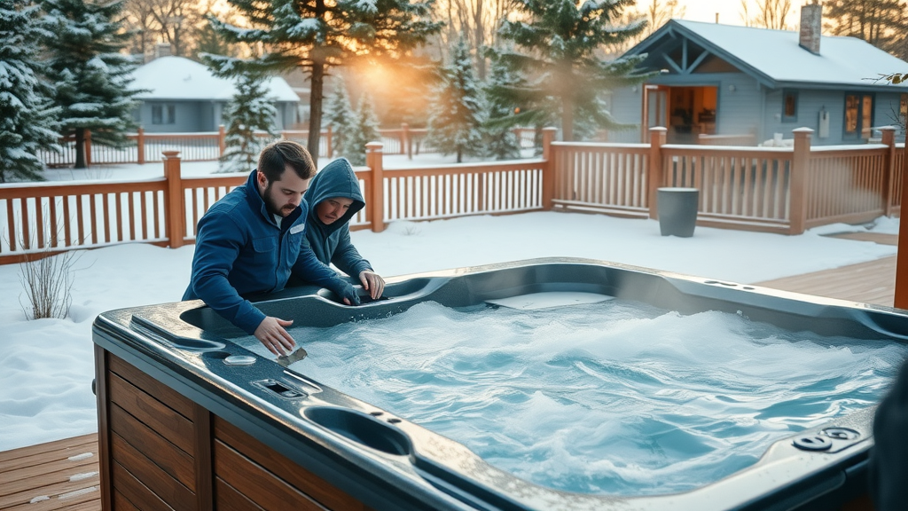 Technicians performing hot tub repair in snowy backyard, steam rising