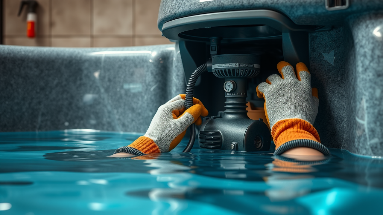 Technician hands repairing hot tub pump for fast hot tub repair service