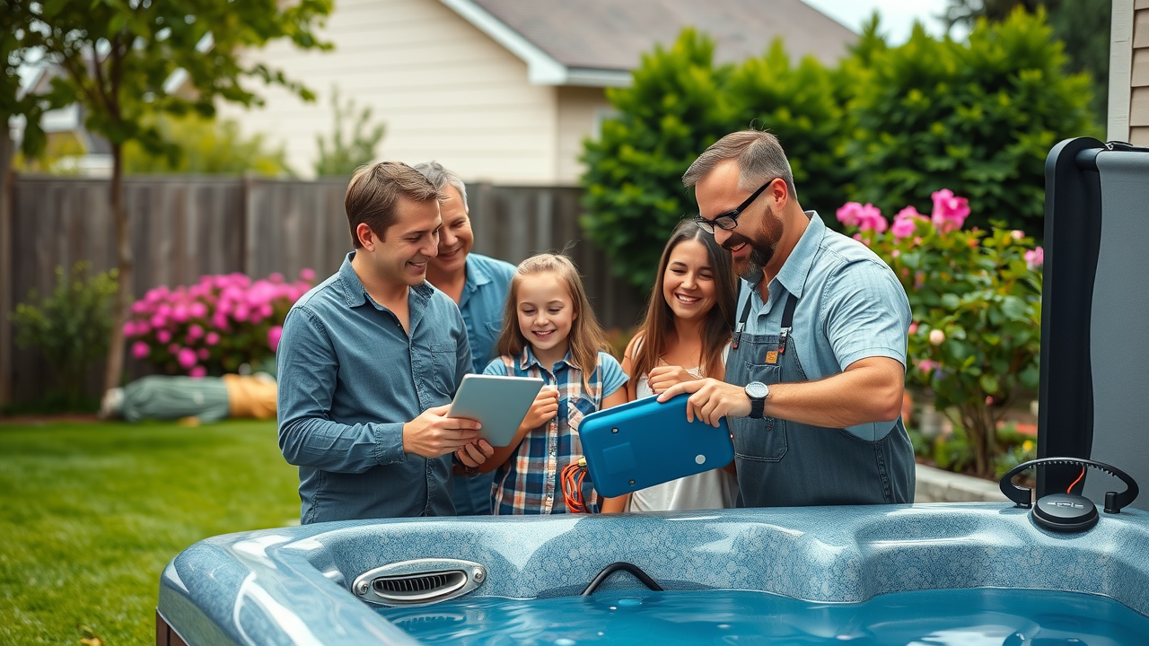 Hot tub repair expert showing circuit board to family for stress-free spa fixes