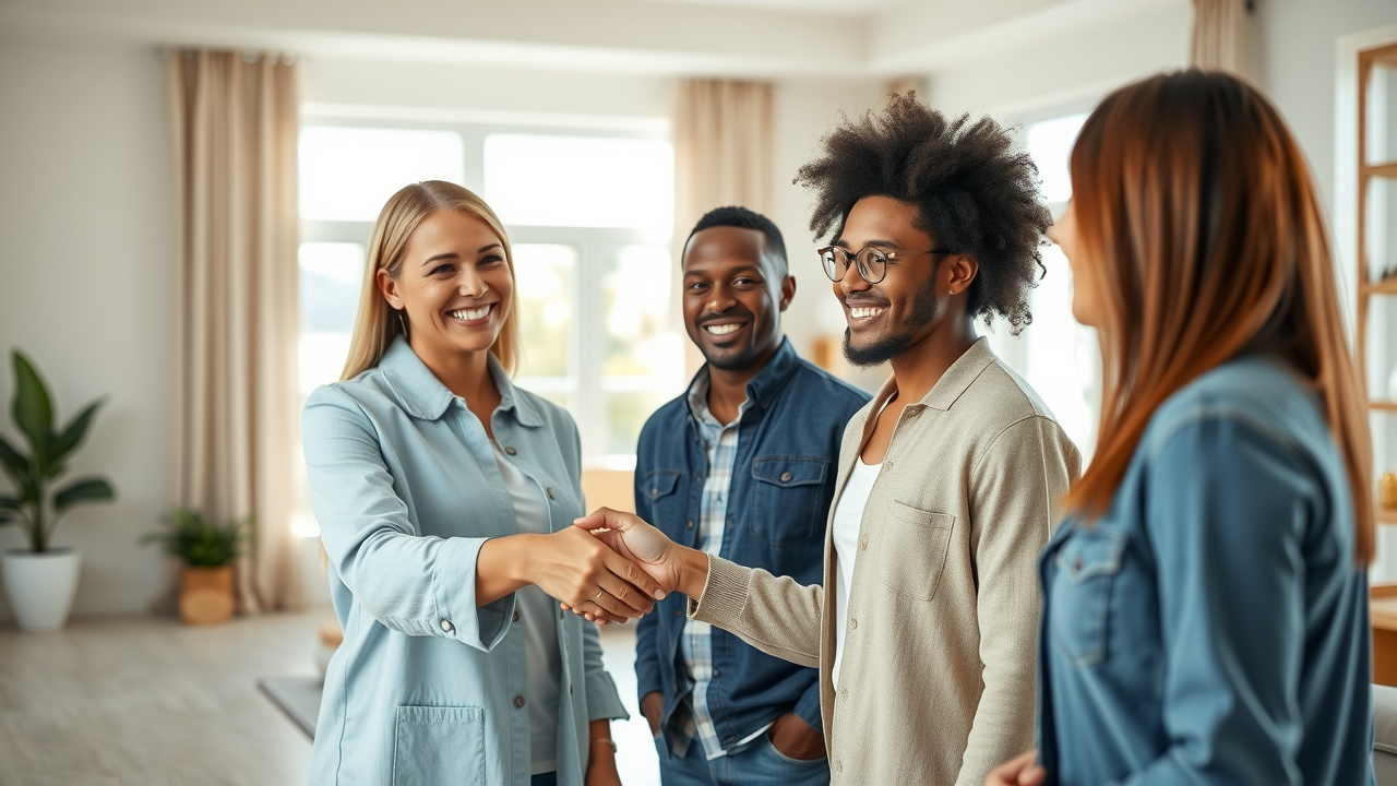 Diverse couple receives home buying assistance from a real estate agent in sunlit home.