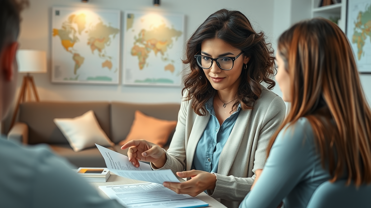 Agent explains home buying assistance strategies to first-time buyers in modern office.