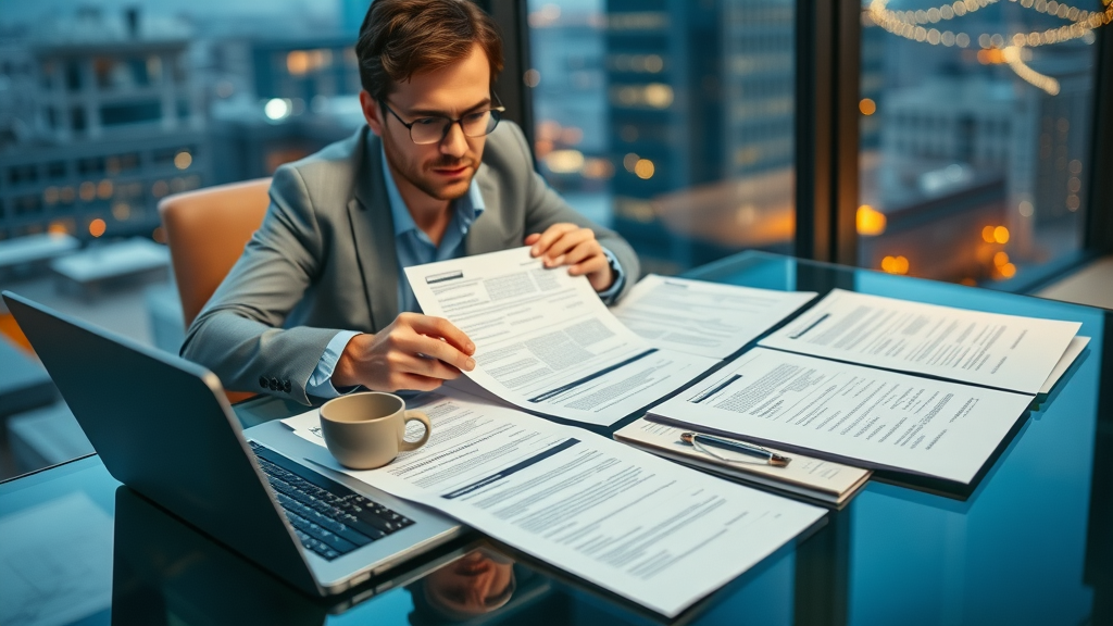 Home buying assistance expert reviews multiple real estate offers in urban office.